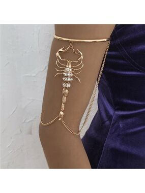 Gold Scorpion Upper Arm Cuff Bracelet Rhinestone Chain Accents
